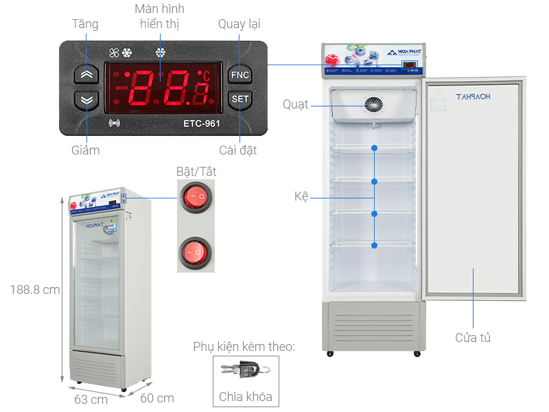 Kích thước tủ mát Hoà Phát 280 lít HSR D6280