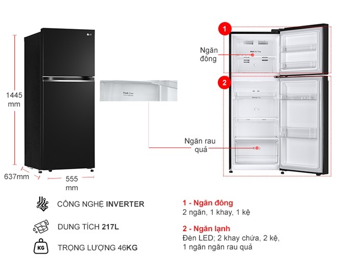 Kích thước tủ lạnh LG Inverter 217 lít GV-B212WB