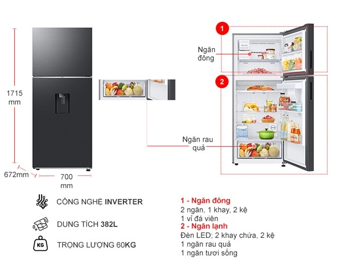 Kích thước Tủ lạnh Samsung Inverter 382 lít RT38CG6584B1SV