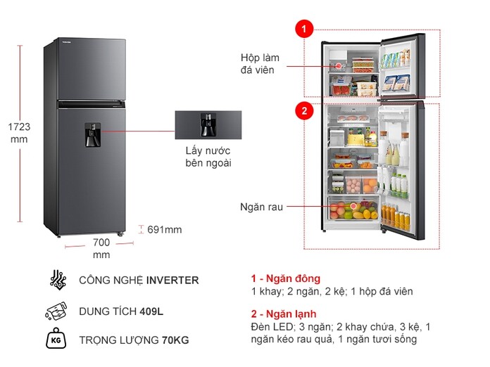 Tủ lạnh Toshiba Inverter 409 lít GR-RT535WEA-PMV thông tin chi tiết