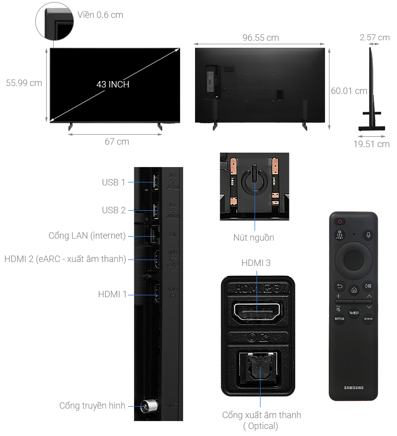 Kích thước Smart Tivi Samsung 4K 43 inch 43DU8000 Crystal UHD