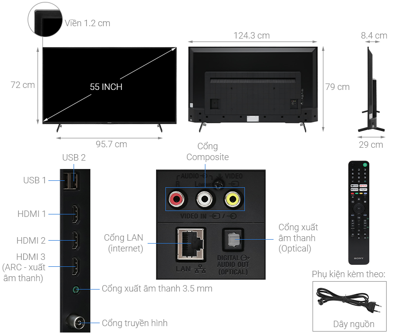 Kích thước Google Tivi Sony 4K 55 inch KD-55X75K