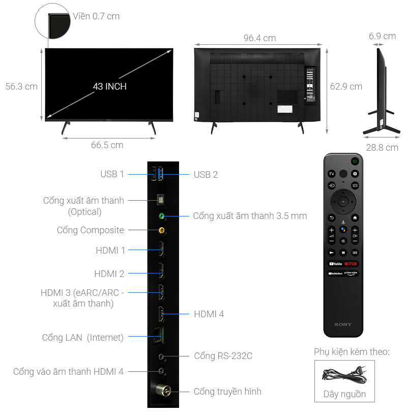 Kích thước Smart Tivi 4K Sony KD-43X80K 43 inch Google TV